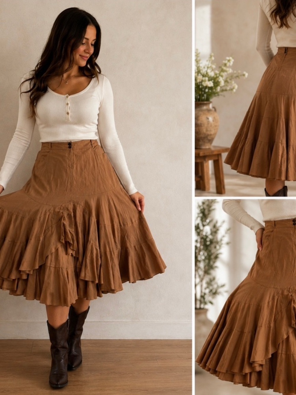 ALBERTO MAKALI brown tiered ruffle Gauzy Float Cotton Midi Skirt
Size 10 Boho
